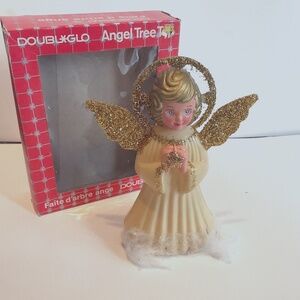 COPY - Vintage Double Glo Plastic Glittered Angel Tree Topper with original box.